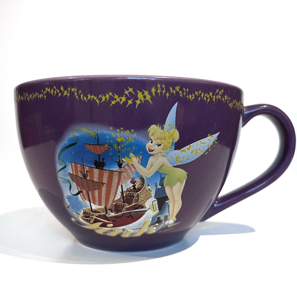 Disney Store Tinker Bell Peter Pan Large Mug Purple Ship Stars Coffee Tea Cup